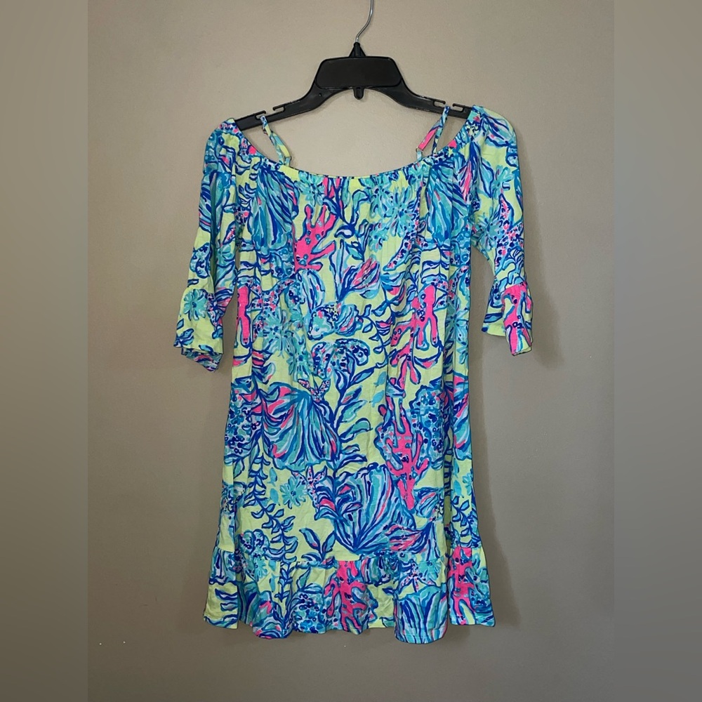 Lilly Pulitzer Girls Bright Blue Pink Green Tropical Off-Shoulder Dress